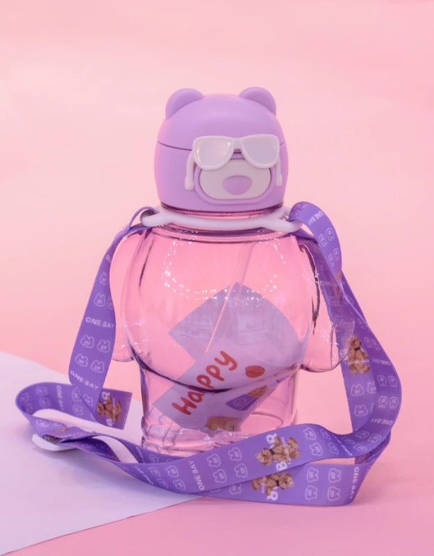 Purple bear-shaped water bottle with white sunglasses and purple strap, 850ml.